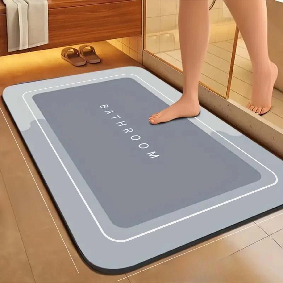 tapis bain gris moderne antidérapant motifs pas texture gaufrée noir sous sol salle bain