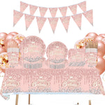 décoration fête anniversaire rose paillettes assiettes serviettes tasses fanions table blanc or