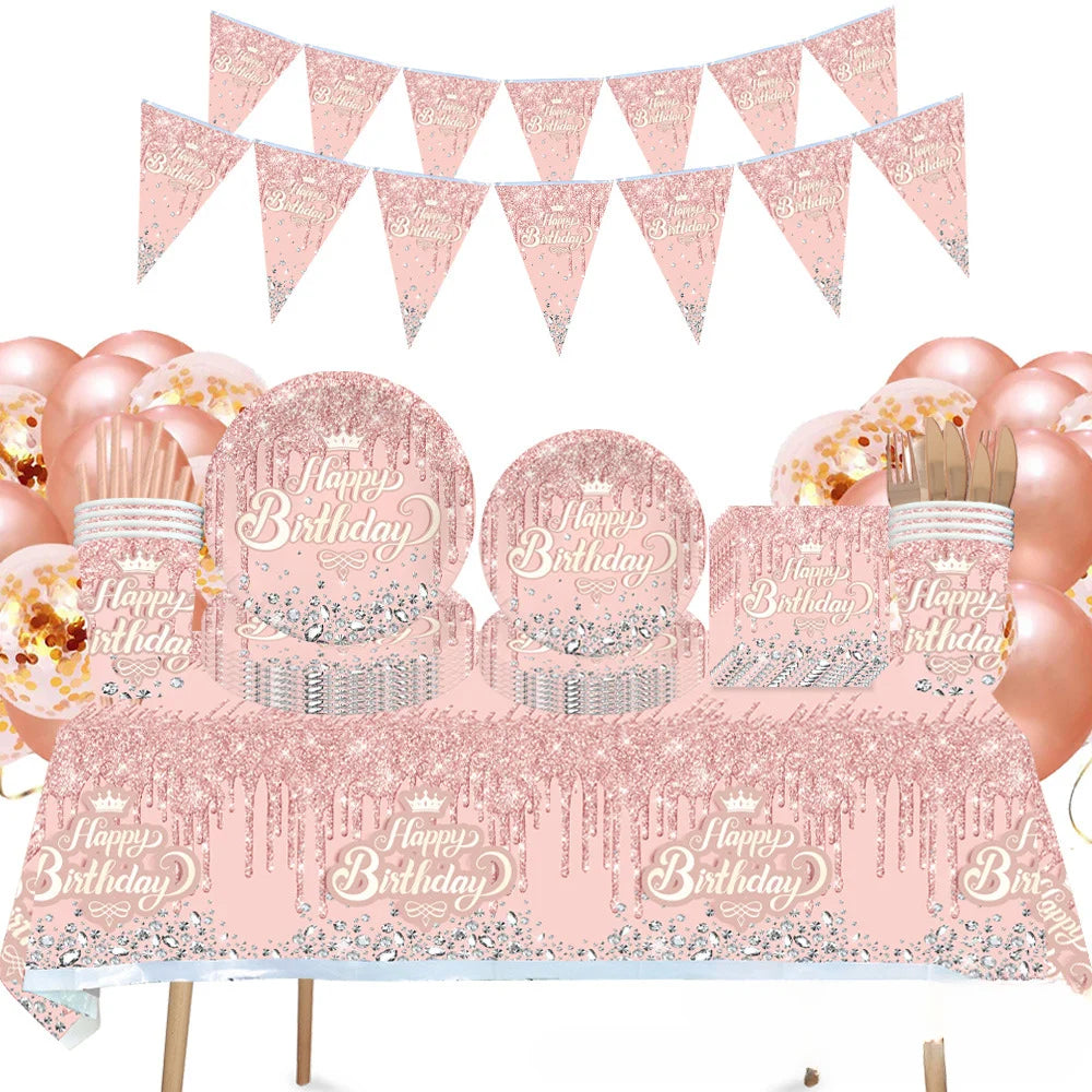 décoration fête anniversaire rose paillettes assiettes serviettes tasses fanions table blanc or