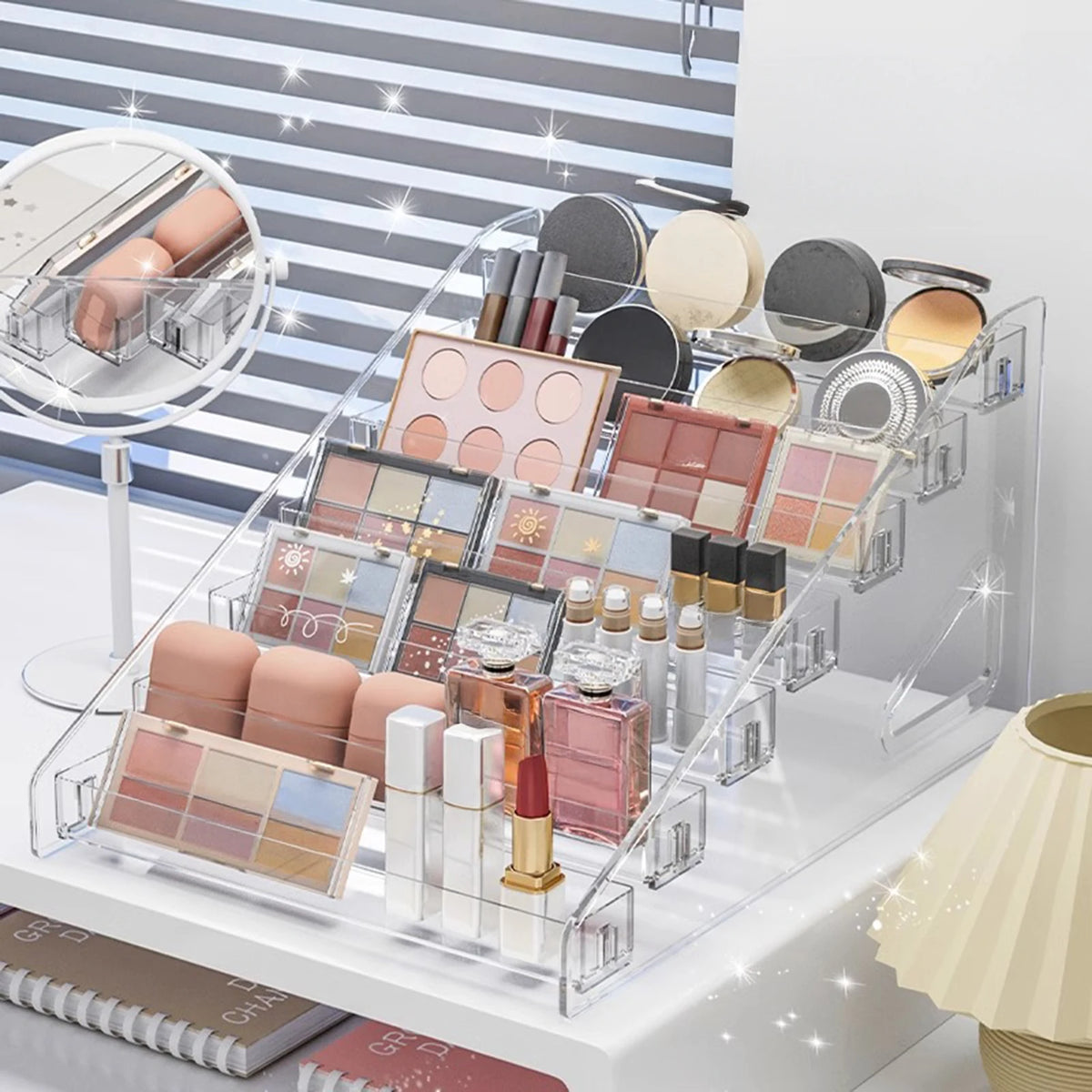 organisateur maquillage transparent palette fards crème yeux rouge lèvres fond teint poudre compacte outils