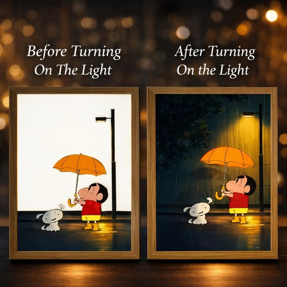 veilleuse led cadre lumineux shin chan illustration parapluie bois naturel noir contemporain clips