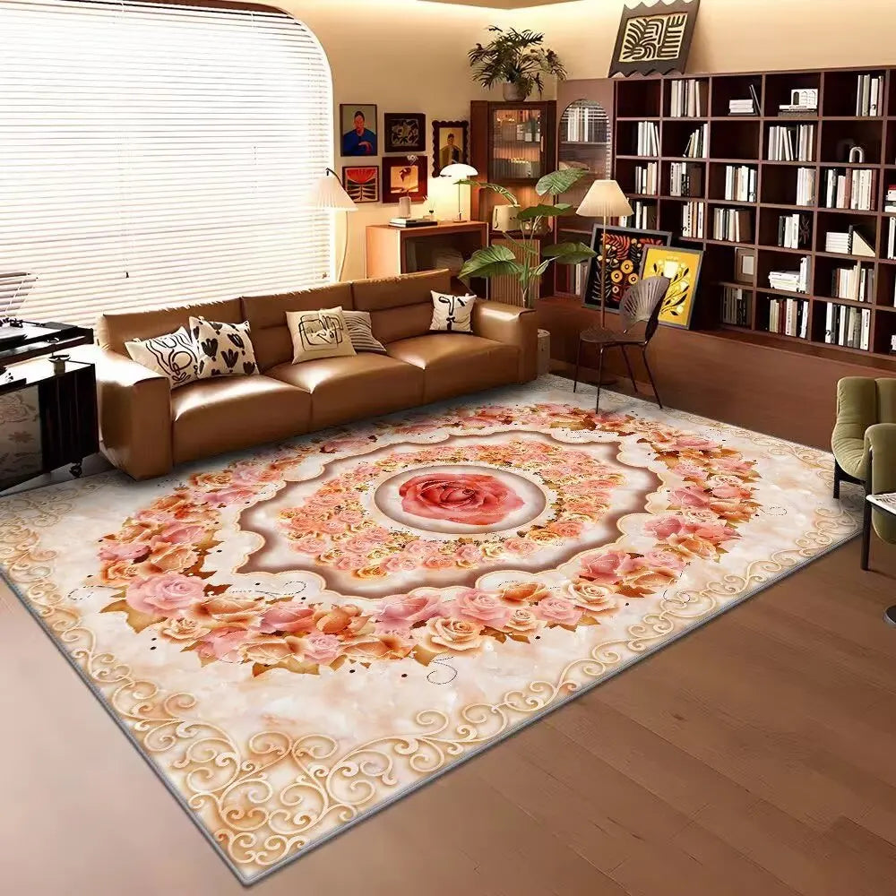 Un tapis décoratif en couleurs chaudes, orné d'un magnifique motif floral avec une grande rose au centre, créant une atmosphère chaleureuse et accueillante dans cette pièce moderne et élégante.