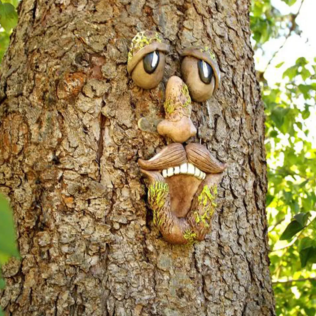 masque arbre résine yeux plastique moustache barbe artisanal jardin décoration pastorale naturelle