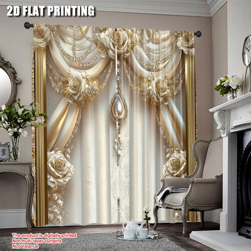 rideau classique fleurs roses beige doré deux pièces polyester chambre salon