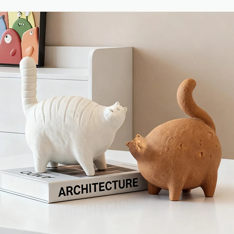 statuette chat blanc brun terre cuite texture rugueuse moderne minimaliste
