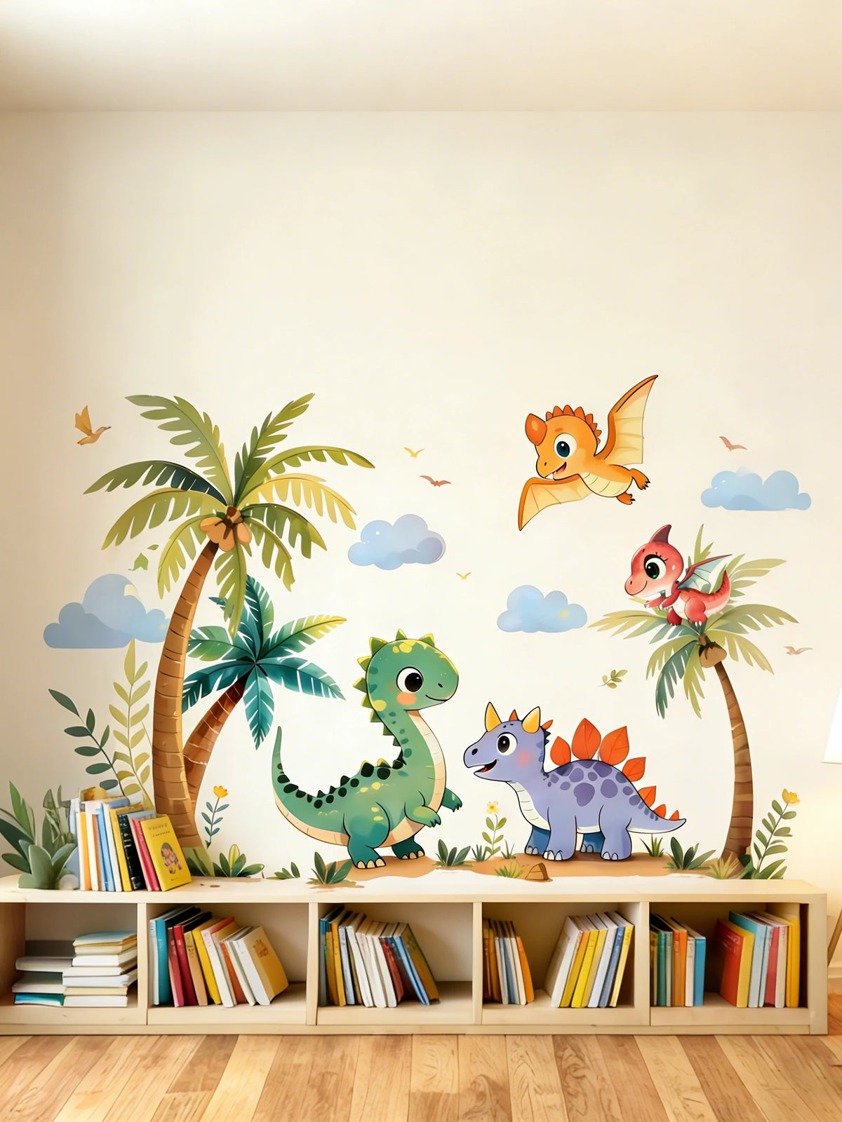 sticker mur dinosaure dessin animé palmier nuage fleur enfant chambre décoration unique
