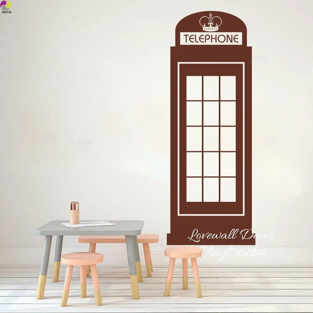 autocollant mural cabine telephone rouge marron retro fenetres divisées adhésif grande taille chambre salon