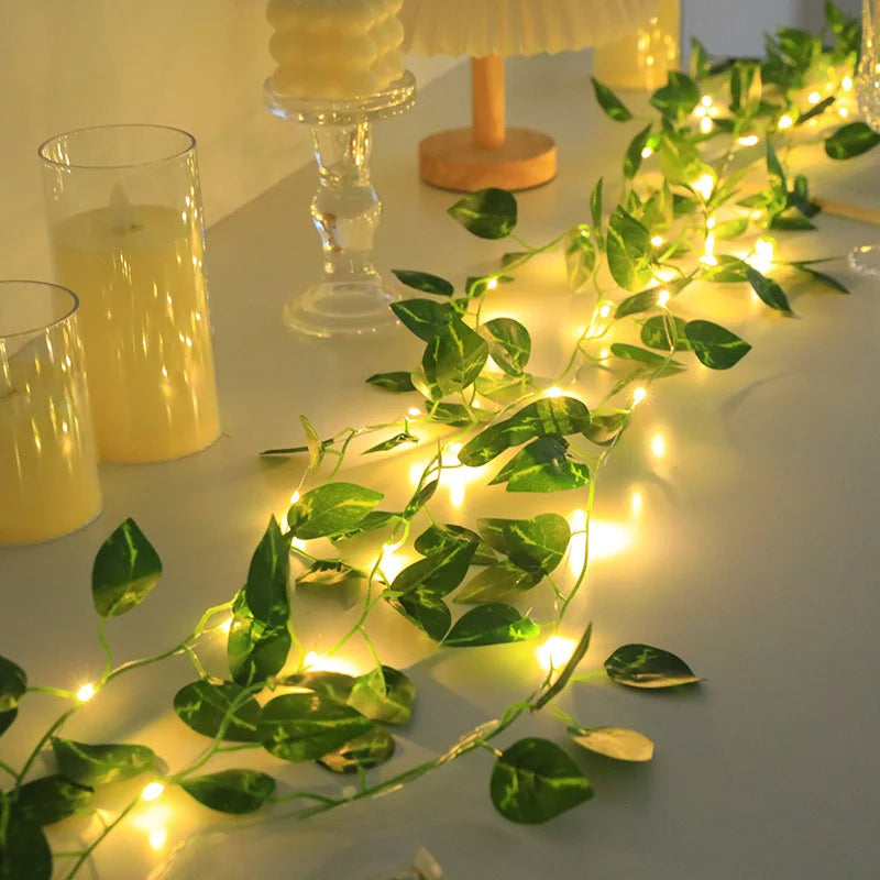 guirlande lumineuse feuilles vertes led blanc moderne décoration intérieure salle clips festive chambre salon