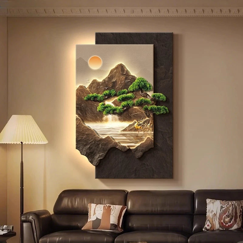 tableau mural paysage montagneux bois naturel moderne salon chambre decoration