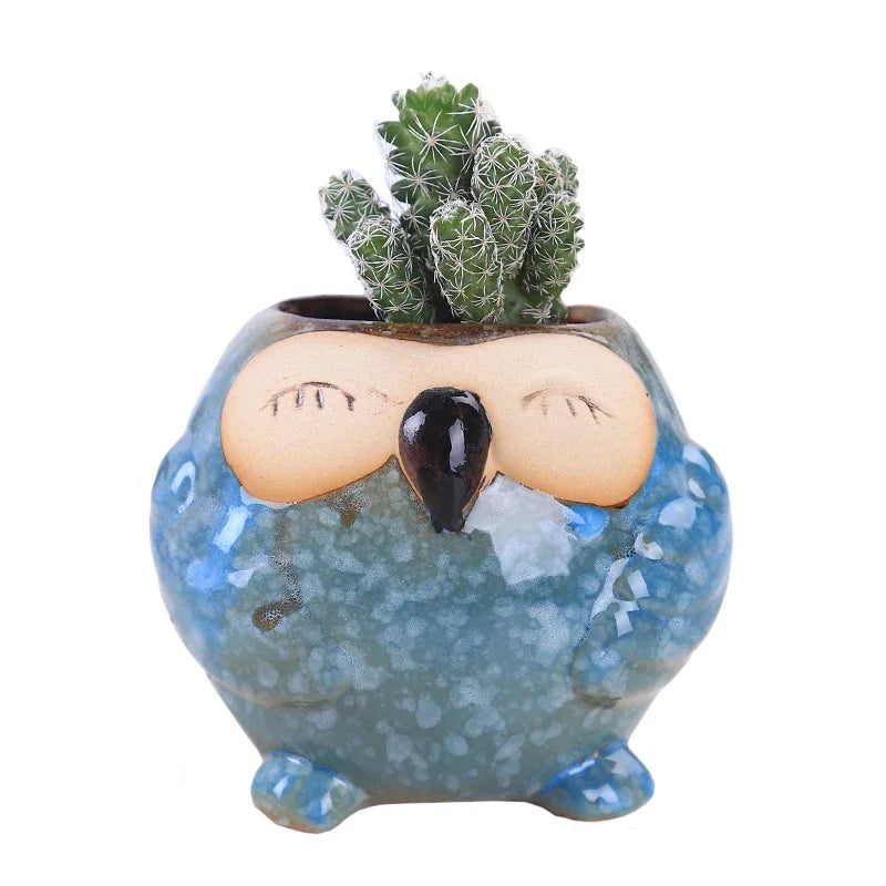 cache pot oiseau bleu beige vert marron texture granulee plantes succulentes deco animalier porcelaineceramique