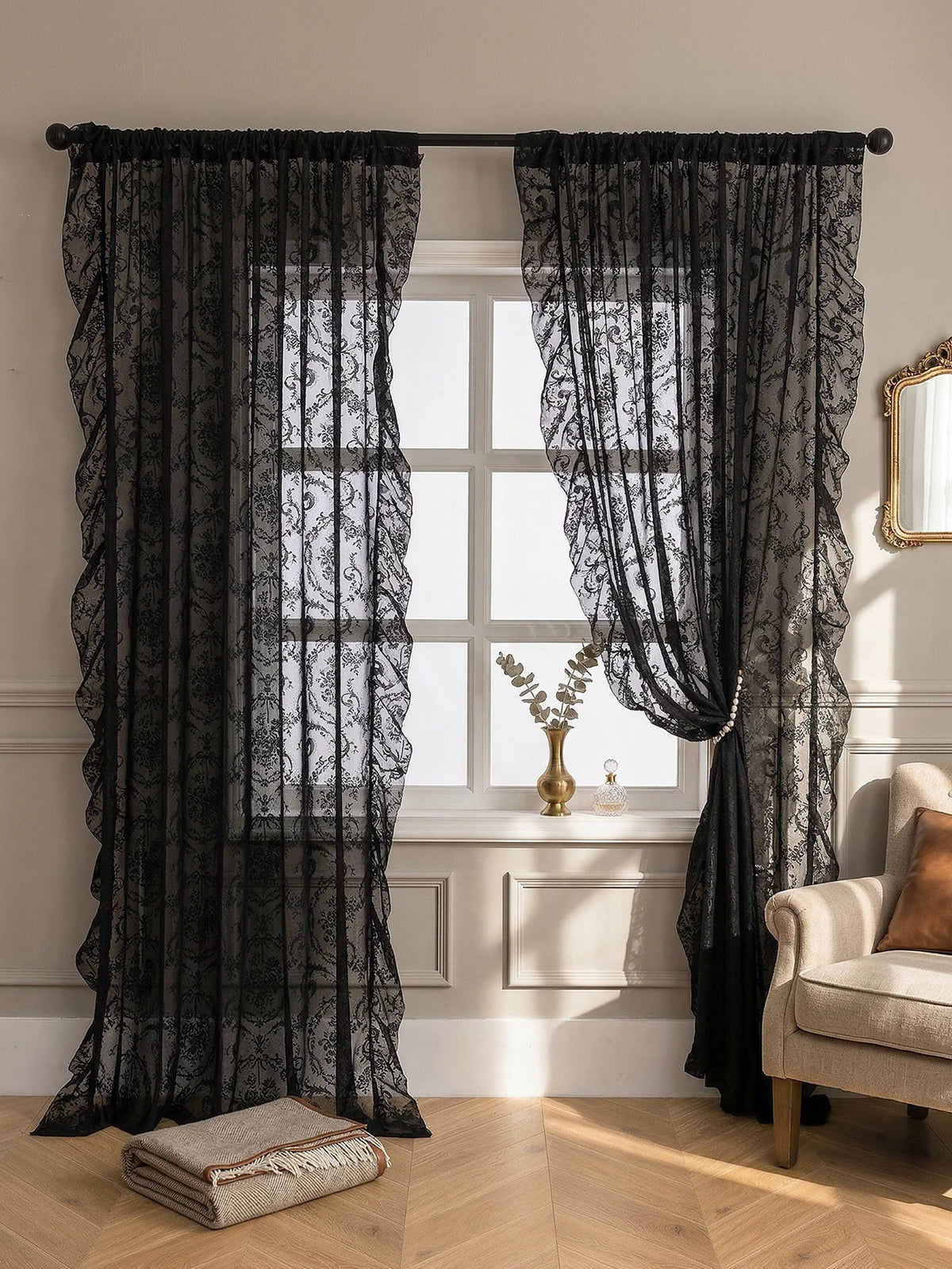 rideau noir transparent broderie florale classique anneaux décoratives polyester chambre salonhôtel
