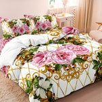 ensemble literie floral motif roses baroques couleurs or vert rose blanc double king queen