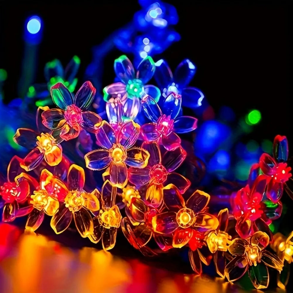 guirlande lumineuse solaire fleurs bleu multicolore moderne décoration extérieure jardin balcon festif
