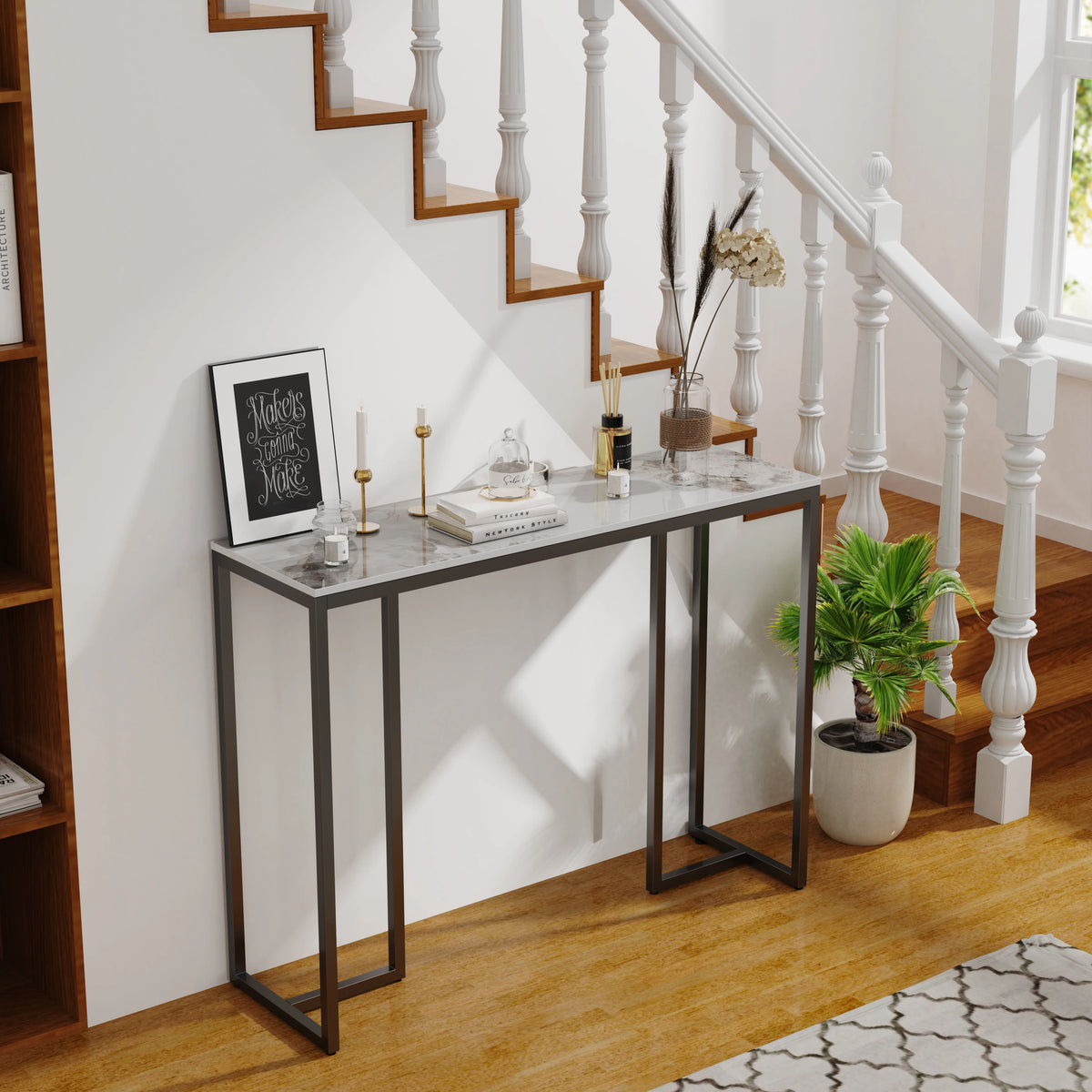table d'appoint moderne marbre blanc gris fer pieds ajustables salon entrée hall