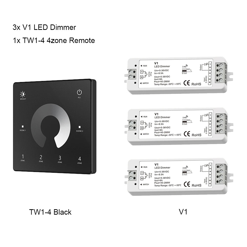 contrôleur led sans fil zones gradateur tactile noir blanc modernes 24v 36v