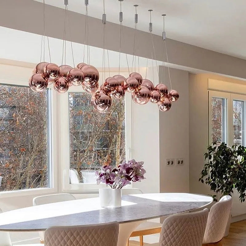 luminaire suspension pendentif boules verre doré transparent intérieur salon chambre decoration led neutre
