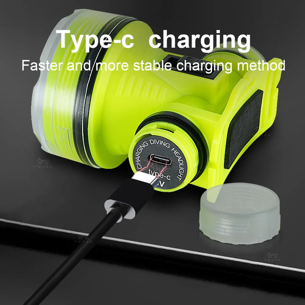 lampe frontale plongée sous marine led vert noir étanche ipx8 rechargeable 180deg