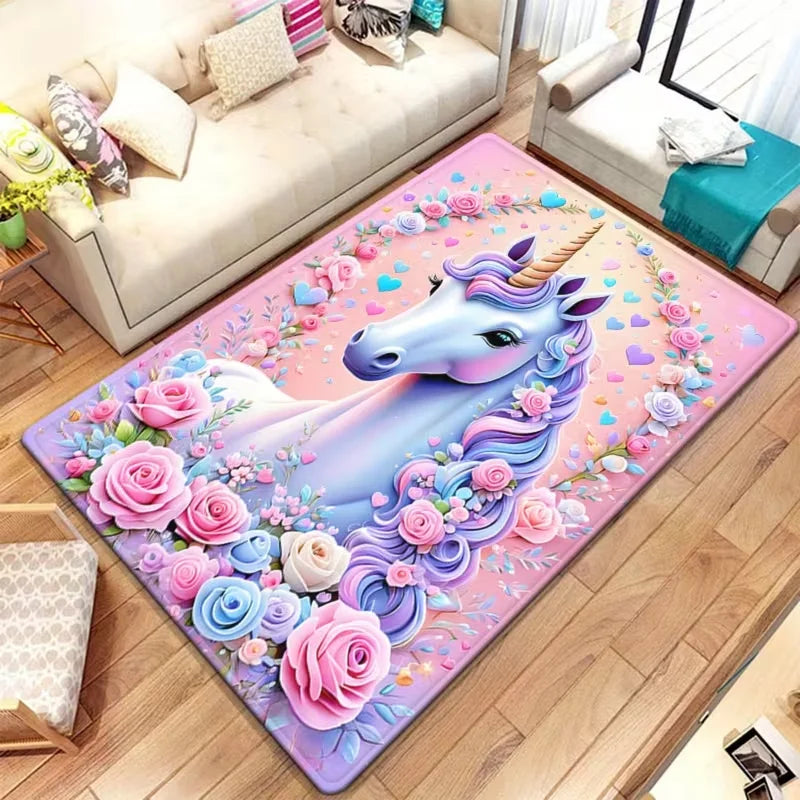 tapis licorne scénique violet rose blanc coeurs étoiles moderne antidérapant sol chambre enfant fantaisie