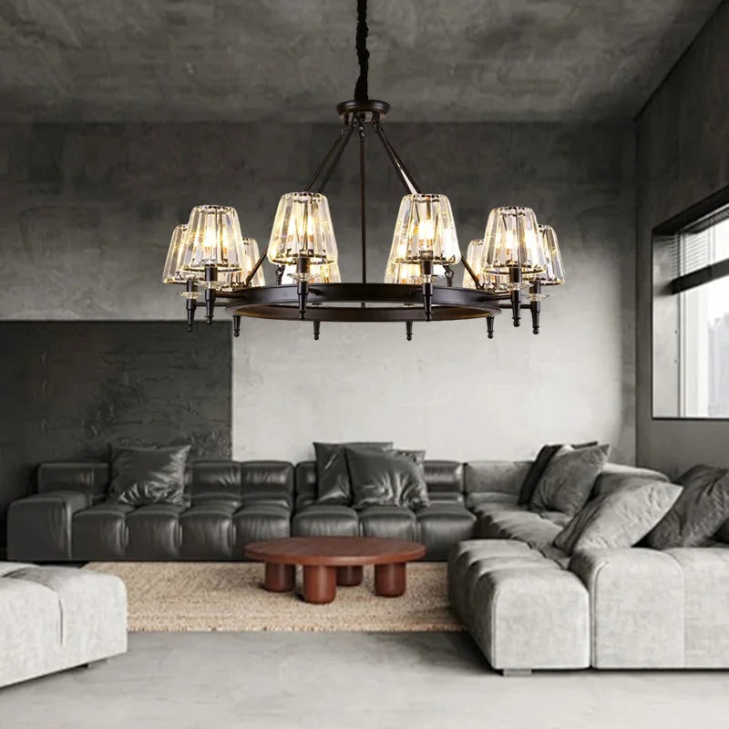 lustre moderne industriel verre taillé noir transparent suspension led abat jour cristal k9