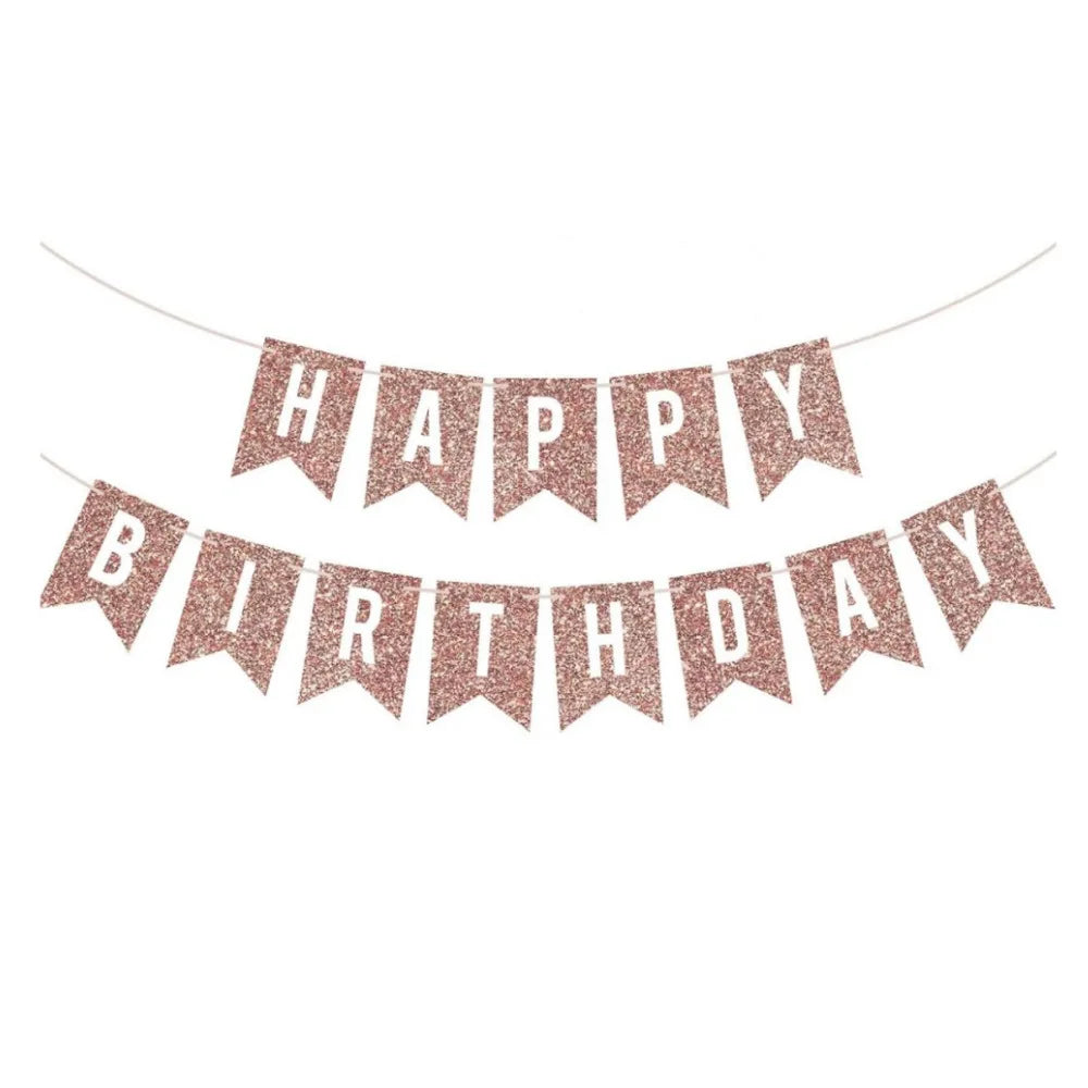 guirlande festivités or rose paillettes lettres happy birthday décoration anniversaire fil blanc festive papier