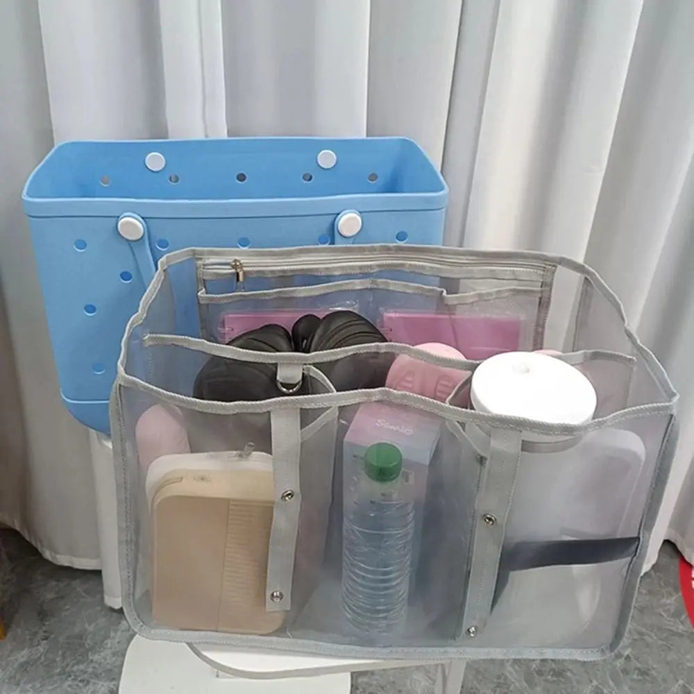 sac plage réutilisable polyester transparent compartiments utilitaire bleu clair gris minimaliste organiser affaires