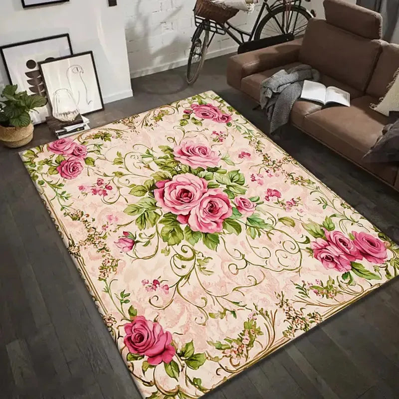 tapis floral rouge fleurs feuilles bordure ornée polypropylène polyester antidérapant extérieur intérieur chambre salon