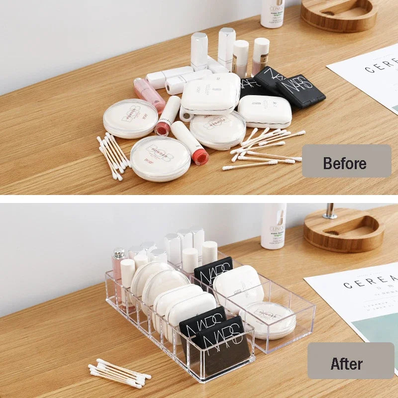 organisateur maquillage transparent moderne compartiments boîtes noires produits cosmétiques rangement chic adhésif
