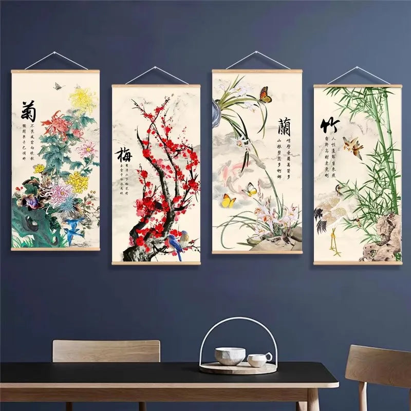 toile imprimée motifs floraux chinois bambou orchidée chrysanthème décoration murale rouleaux peinture asiatique traditionnelleSuspension
