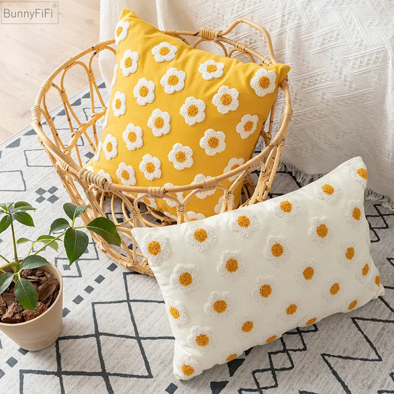 housse coussin brodée fleurs blanches jaunes coton polyester 30x50cm zip open décorative salon voiture