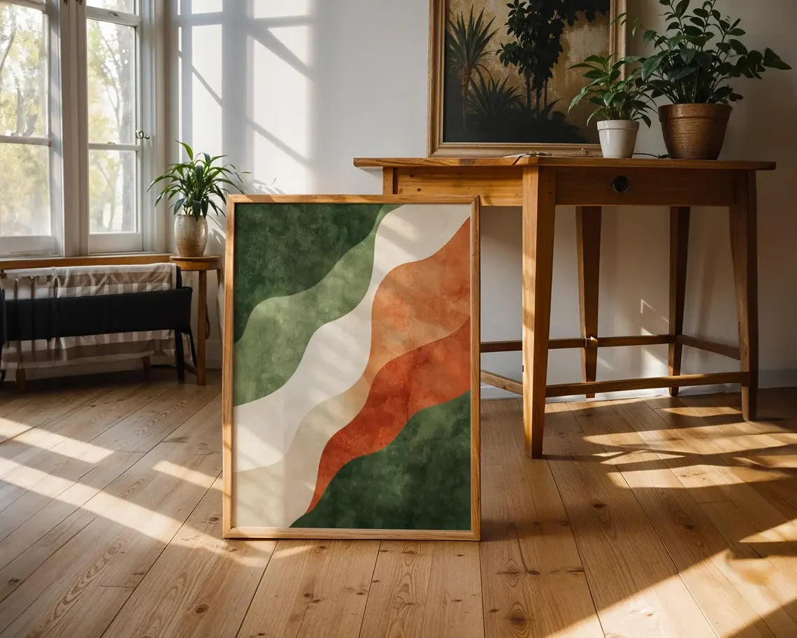 tableau abstrait ondulé orange vert beige noir moderne impression toile rectangle vertical chambre salon