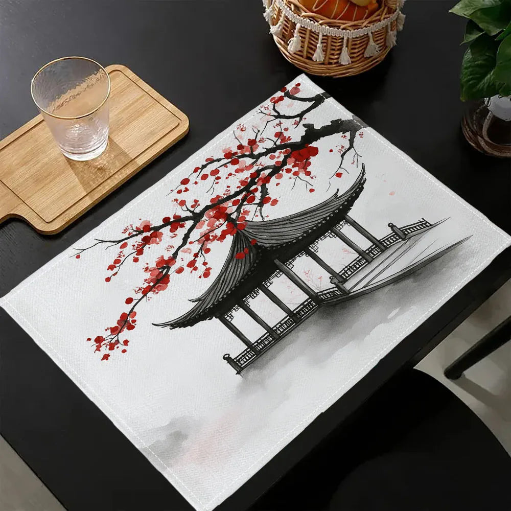 serviettes table art japonais fleurs cerisier blanc rouge noires traditionnelles classiques respectueuses environnement lin