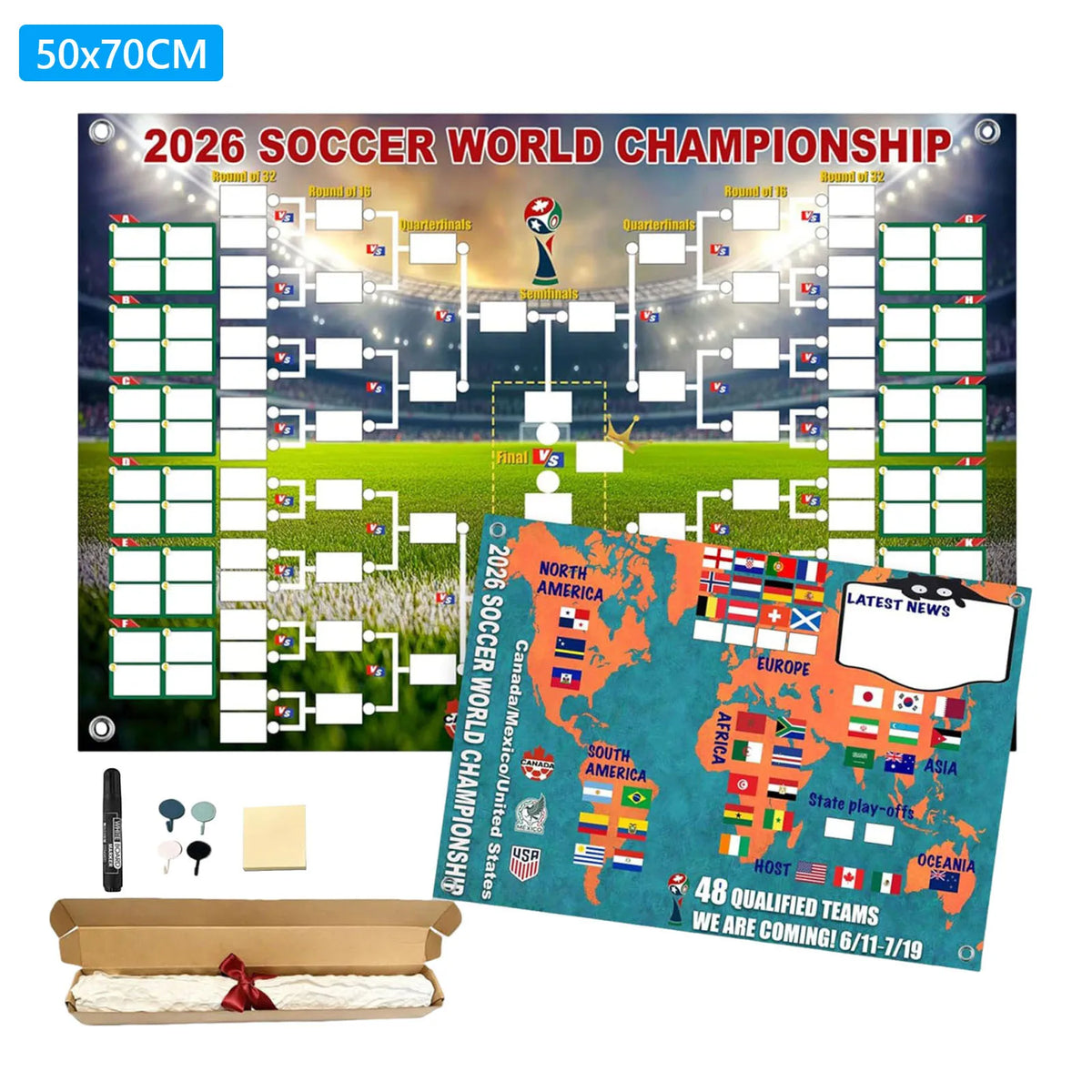 affiche murale coupe monde football 2026 multicolore carte monde stylo autocollants drapeaux matches graphique