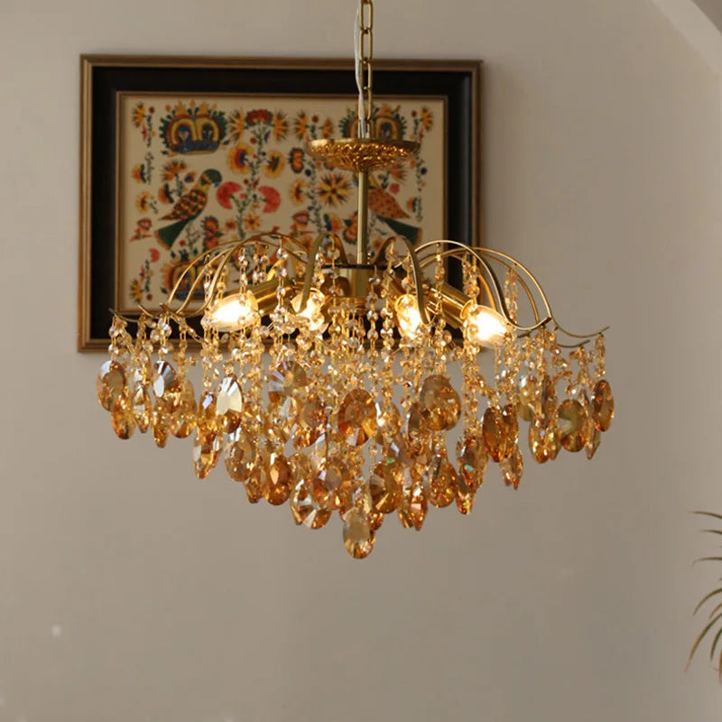lustre suspension cristal transparent doré lumières classique élégant salon chambre