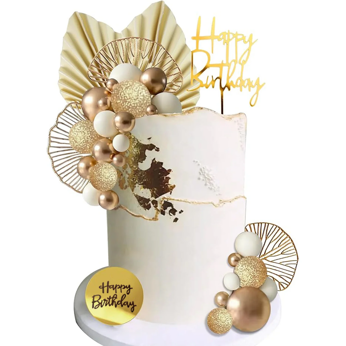 décorations gâteau doré blanc bleu moderne cercles feuilles textes anniversaire mariage baptême