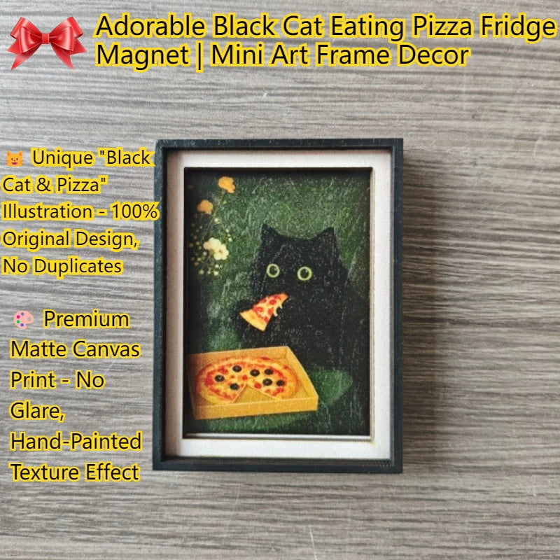 aimant réfrigérateur art minimaliste chat noir pizza fleurs blanches fond vert effet toile cadre