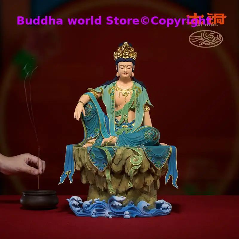 statue bouddha guanyin bleu turquoise vert bronze traditionnelle chinoise décoration florale or 24k