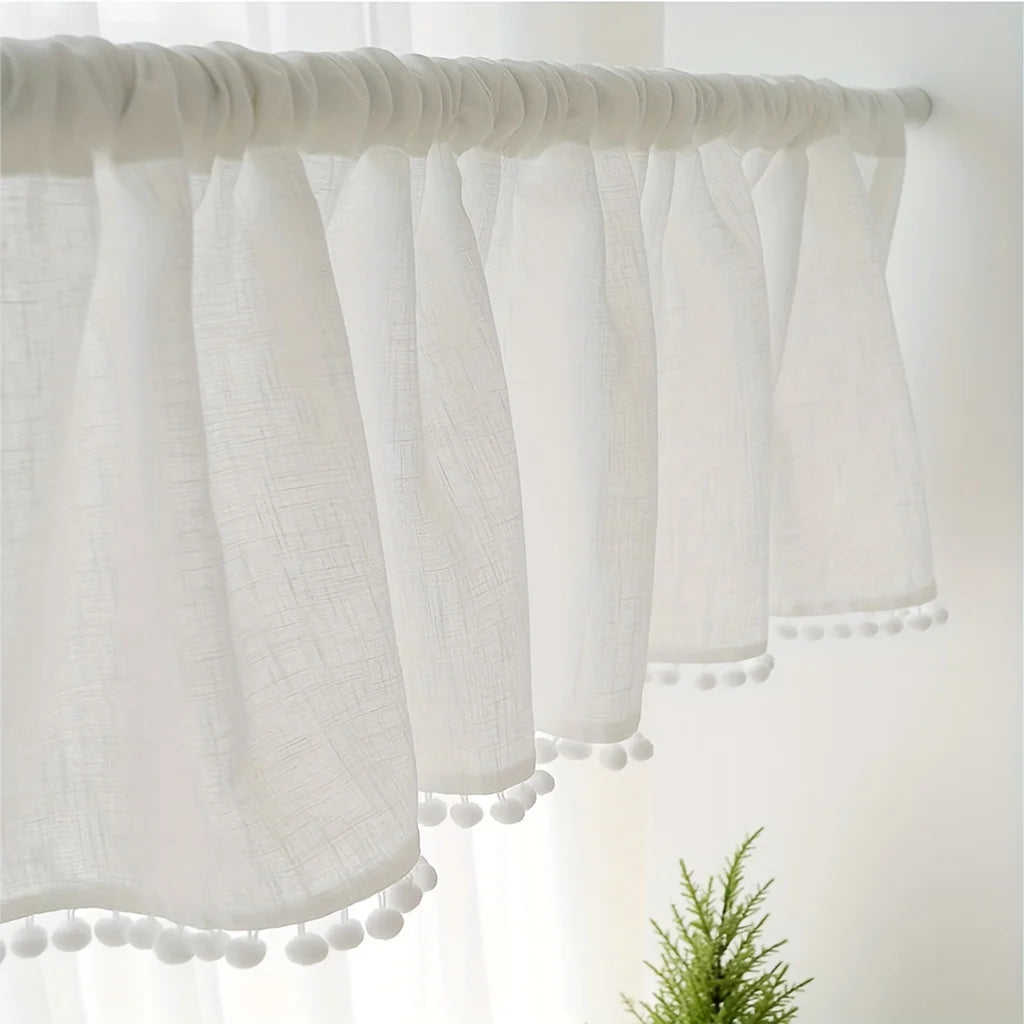 rideau blanc tissu lin pompons moderne rustique fenêtre 100x45cm 132x45cm 132x61cm