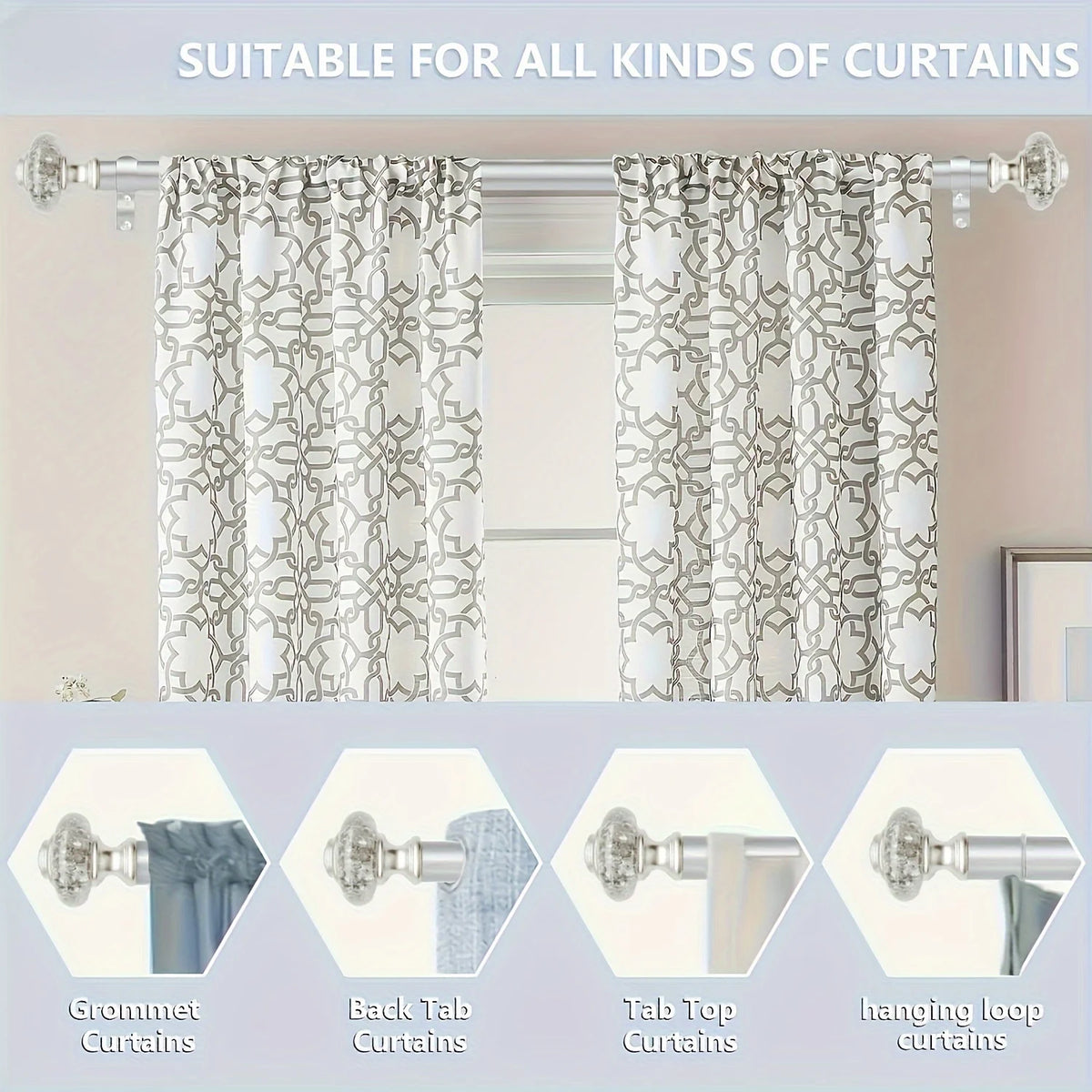 rideaux argentés finials cristallisés tringle brillante plis décoratifs classiques supports muraux