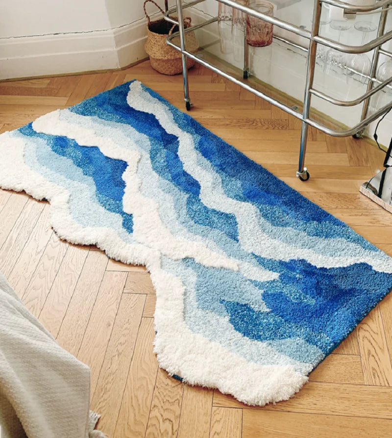 tapis flocage bleu blanc antidérapant moderne douillet ondulé polyester usage multiple intérieur extérieur voyage
