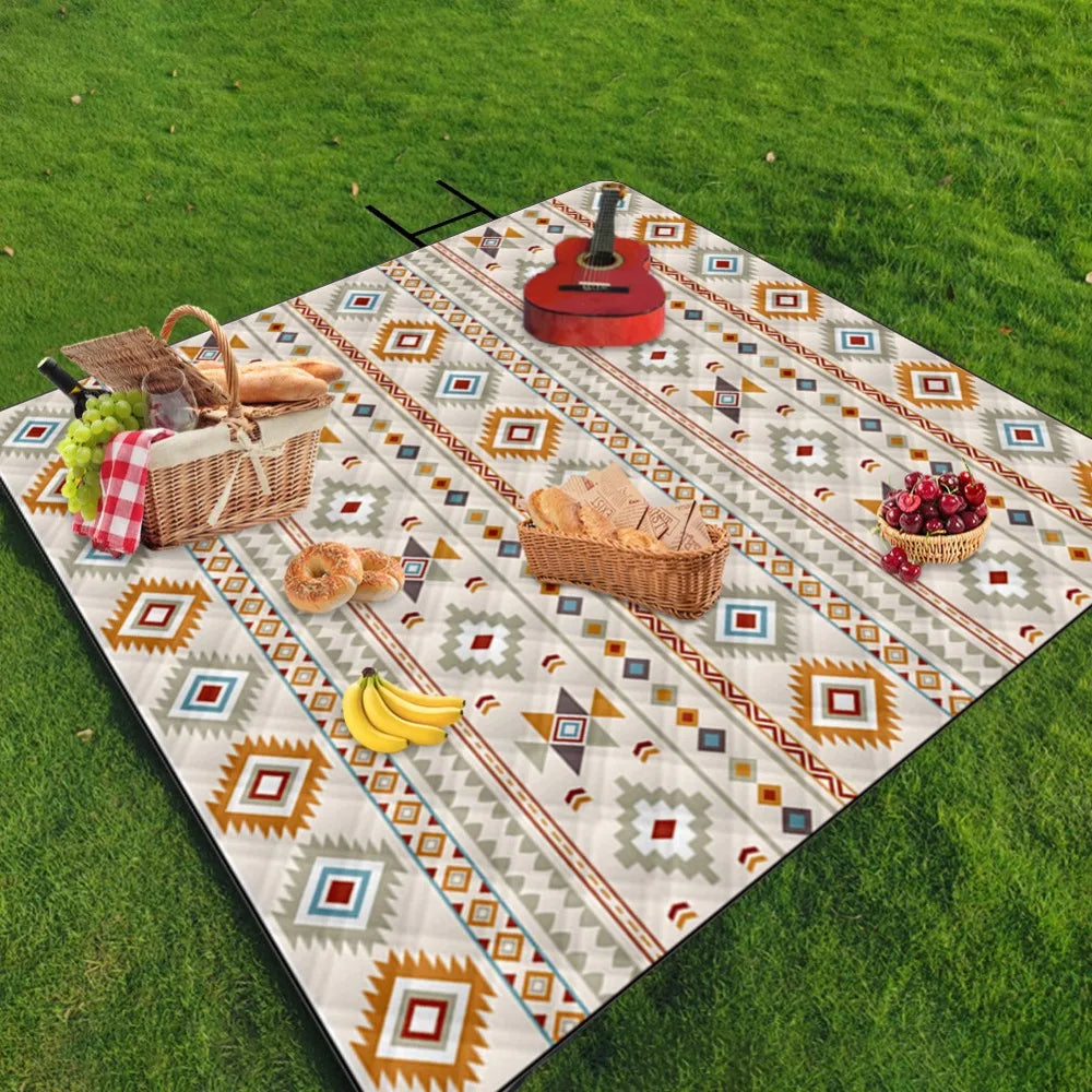 tapis pique nique pliable imperméable motif ethnique sac transport couleur beige orange bleu rouge