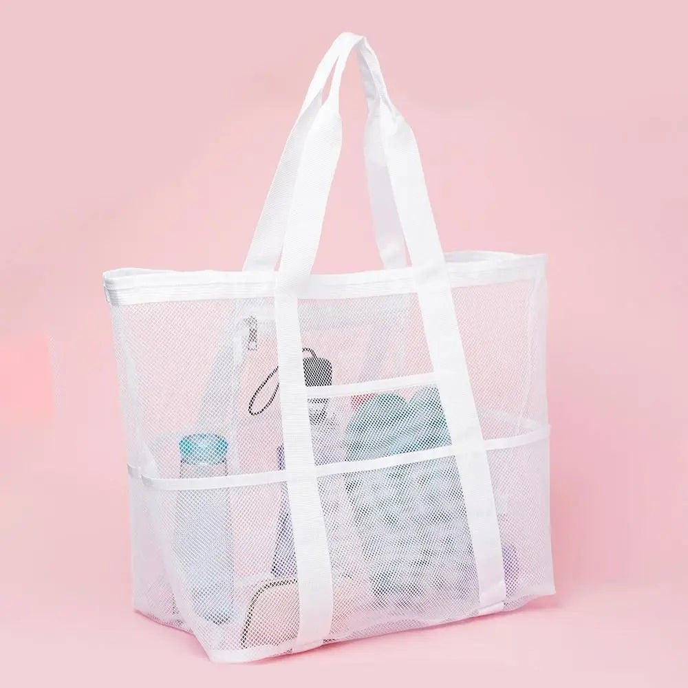 Sac plage violet noir bleu clair vert rose maille respirante réutilisable moderne poignées