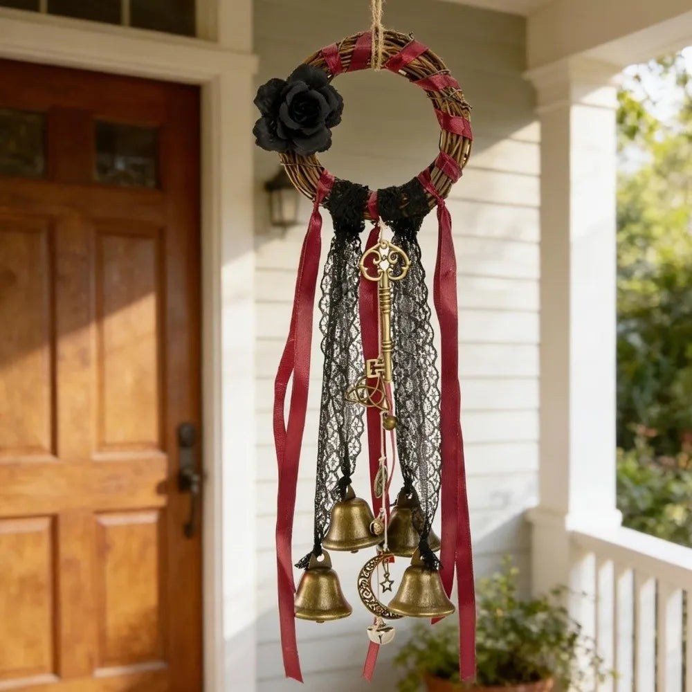 carillon éolien boho chic noir doré rouge cloches dentelle métal cuir floral anneau porte