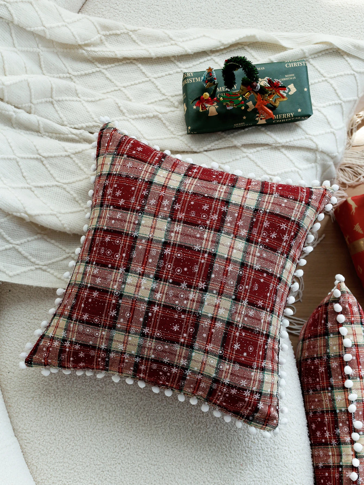 coussin carré rouge carreaux flocons neige rustique décoration noël sofa voiture 45x45cm MACHINE WASH