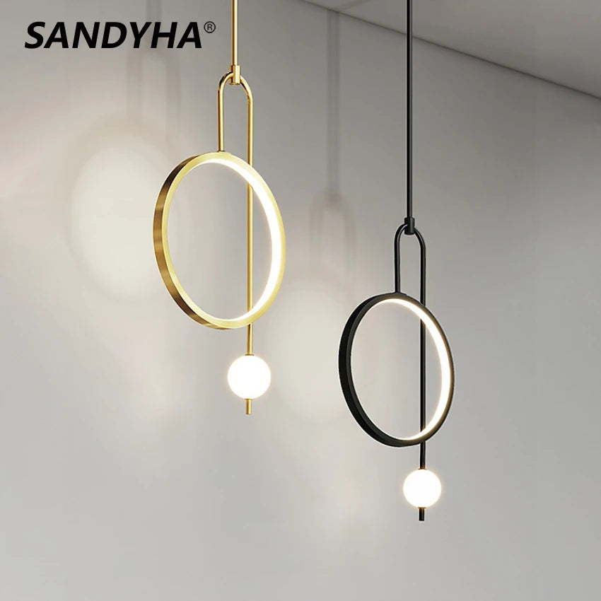 lampe suspendue anneau or noir moderne minimaliste sphère lumineuse chaîne métalliqueflux lumineux haute qualité