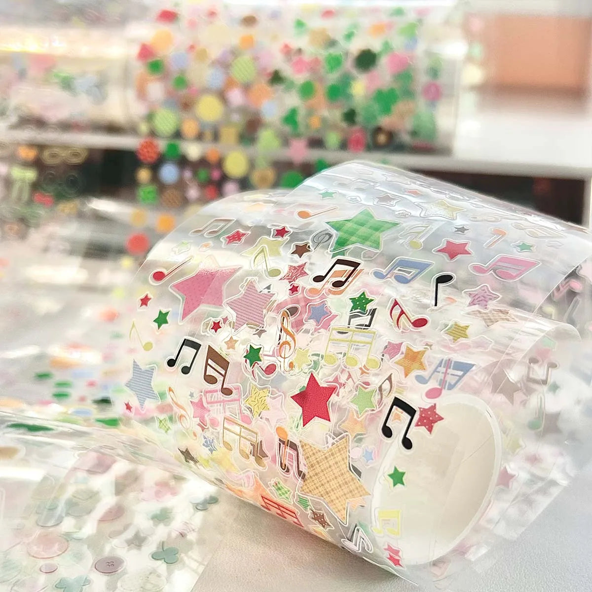 rubans autocollants transparents multicolores étoiles notes musicales cercles coeurs enfantins
