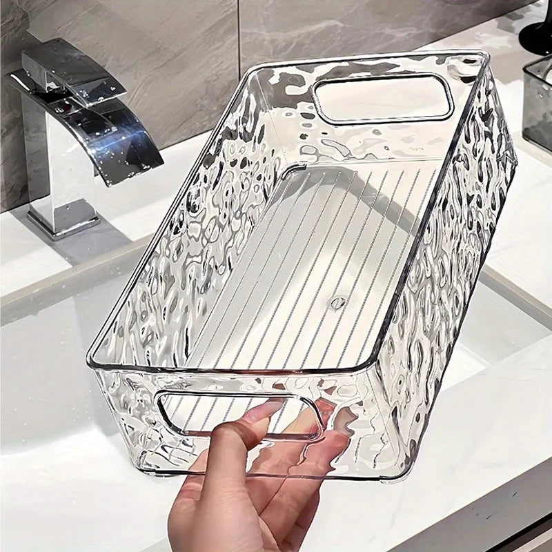 boîte rangement transparente texture ondulée poignées moderne cosmétiques salle bain rechargeable plastique