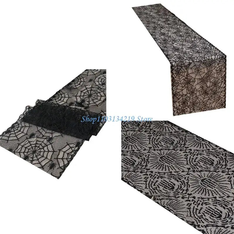 nappe halloween araignées toile dentelle noire table decoration gothique opaque 30x100cm polyester coton