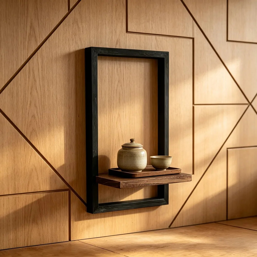 étagère murale bois noir minimaliste suspendue plantes bougies diffuseurs décoration chambre entrée art