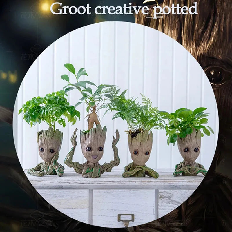 cache pot créatif marron vert texture bois personnage groot fleur intérieur décoration maison artisanat