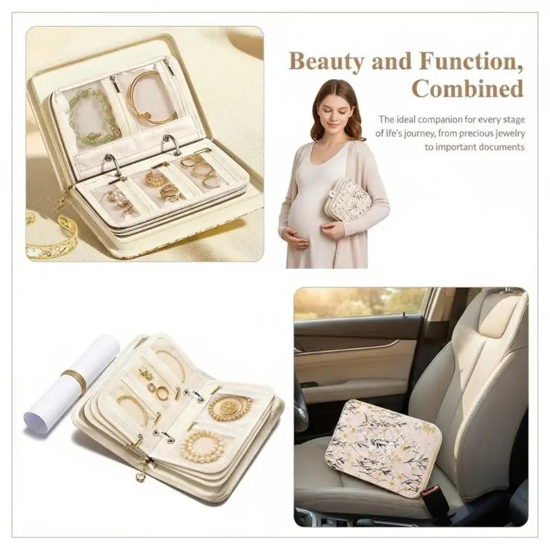 sac rangement bijoux zippé moderne fleurs géométrique motifs pratique couleur beige roseclair